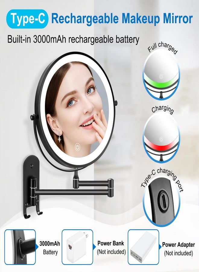 DECLUTTR 9" Rechargeable Wall Mounted Lighted Makeup Mirror, Double Sided 1X/10X Magnifying Mirror with 3 Color Lights Dimmable, Bathroom Mirror with Hook, Black - Image 2